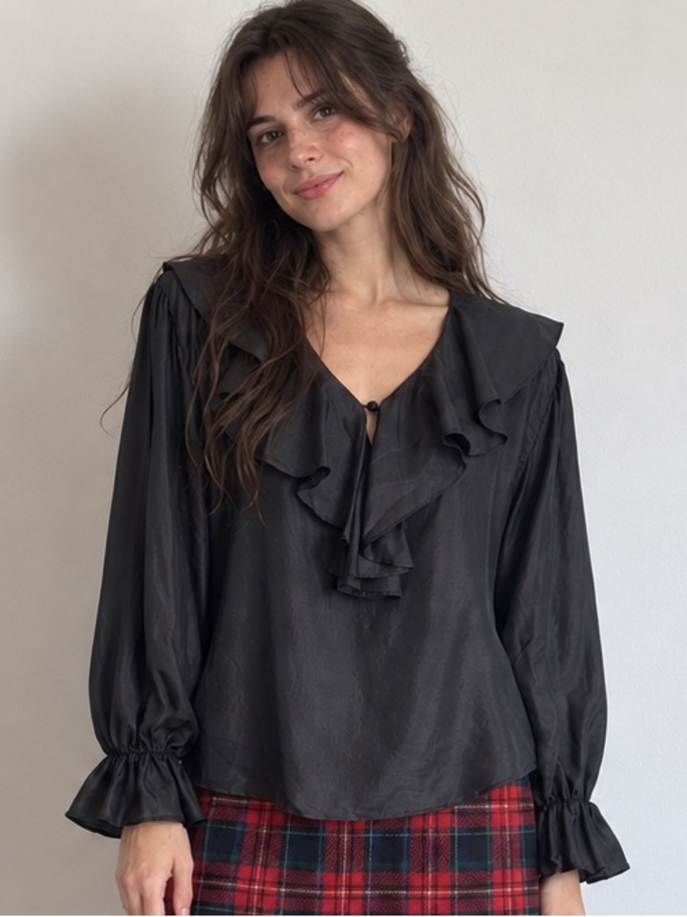 Vintage 90s Evidence Black 100% Silk Ruffle Collar Blouse NWT Deadstock Small